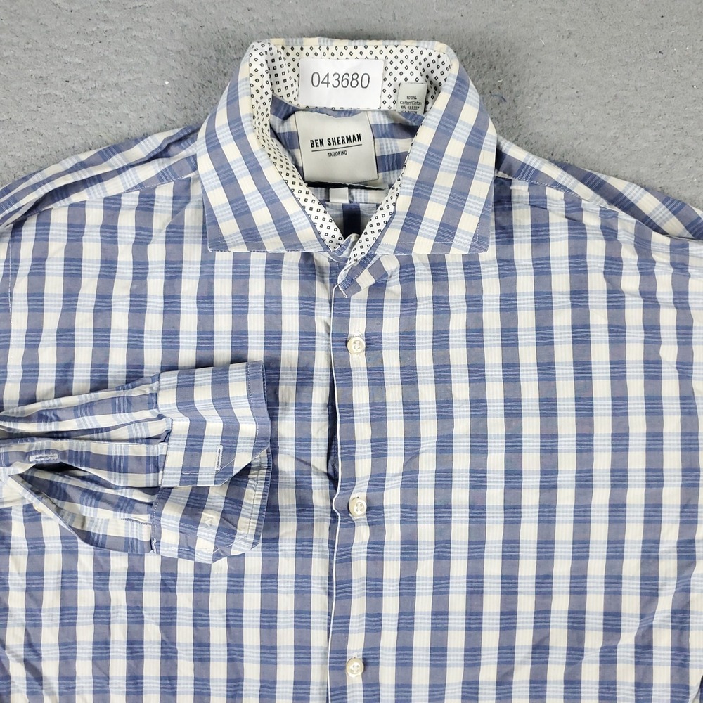 Ben Sherman Mens Blue Plaid Button Up Shirt Tailored Slim Fit Medium Long Sleeve